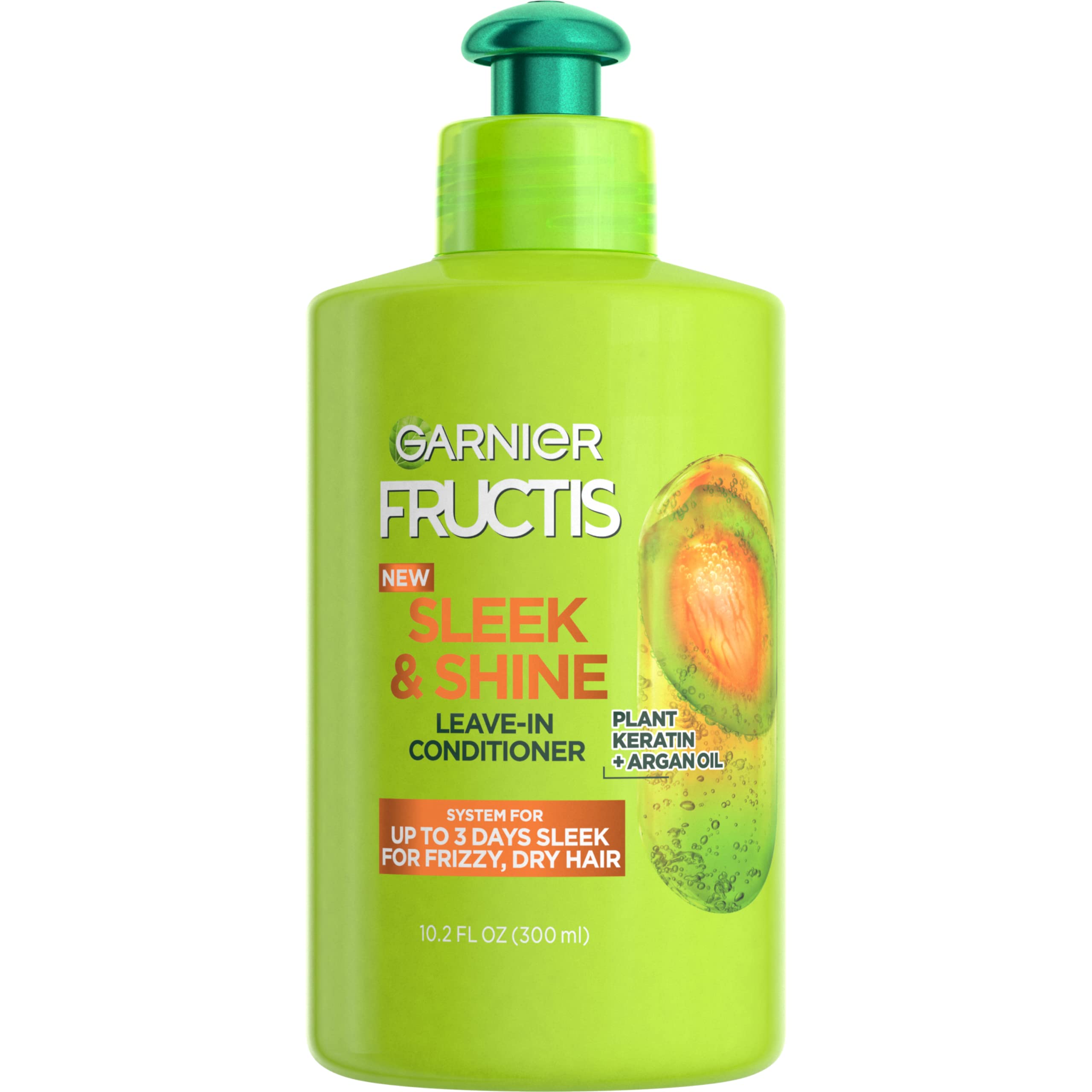 Garnier Fructis Sleek & Shine leave-in bottle ready to smooth frizz.