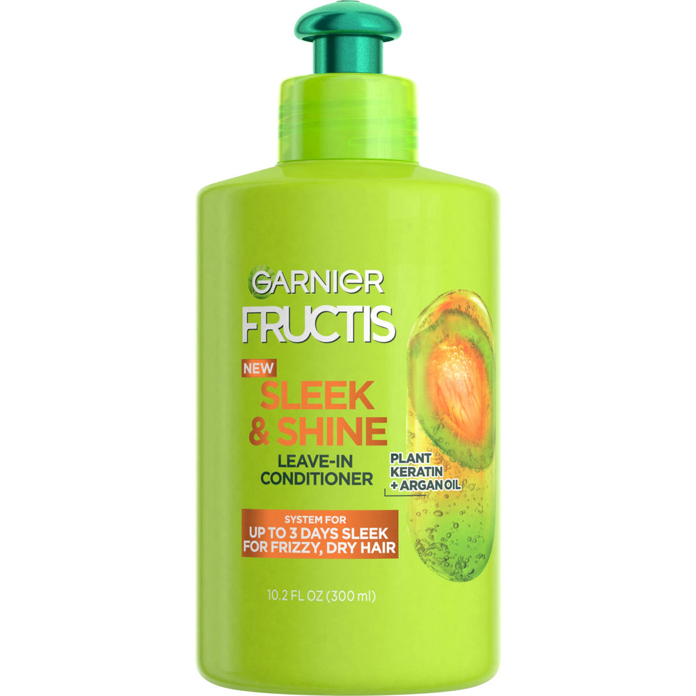 Garnier Fructis Sleek & Shine leave-in bottle ready to smooth frizz.