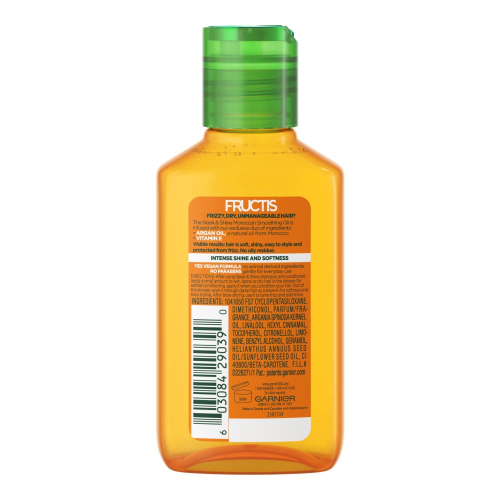Garnier Fructis Sleek & Shine Moroccan Sleek Oil bottle showcases conditioning for softer strands.