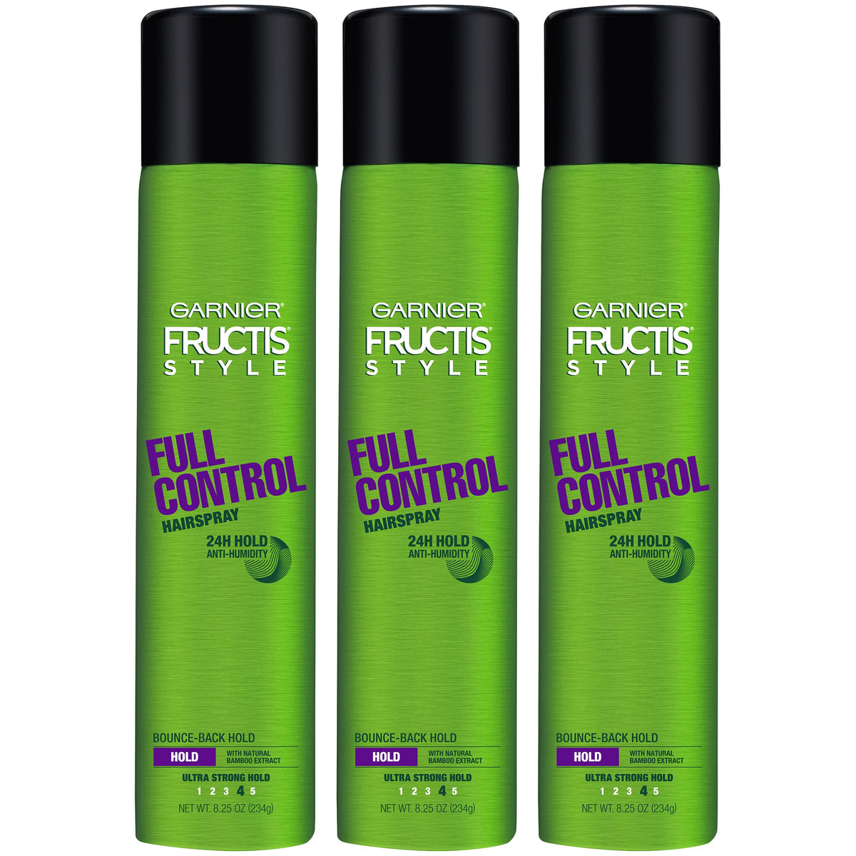 Botella de Garnier Fructis Style Full Control, laca para cabello con fijación duradera y protección antihumedad.