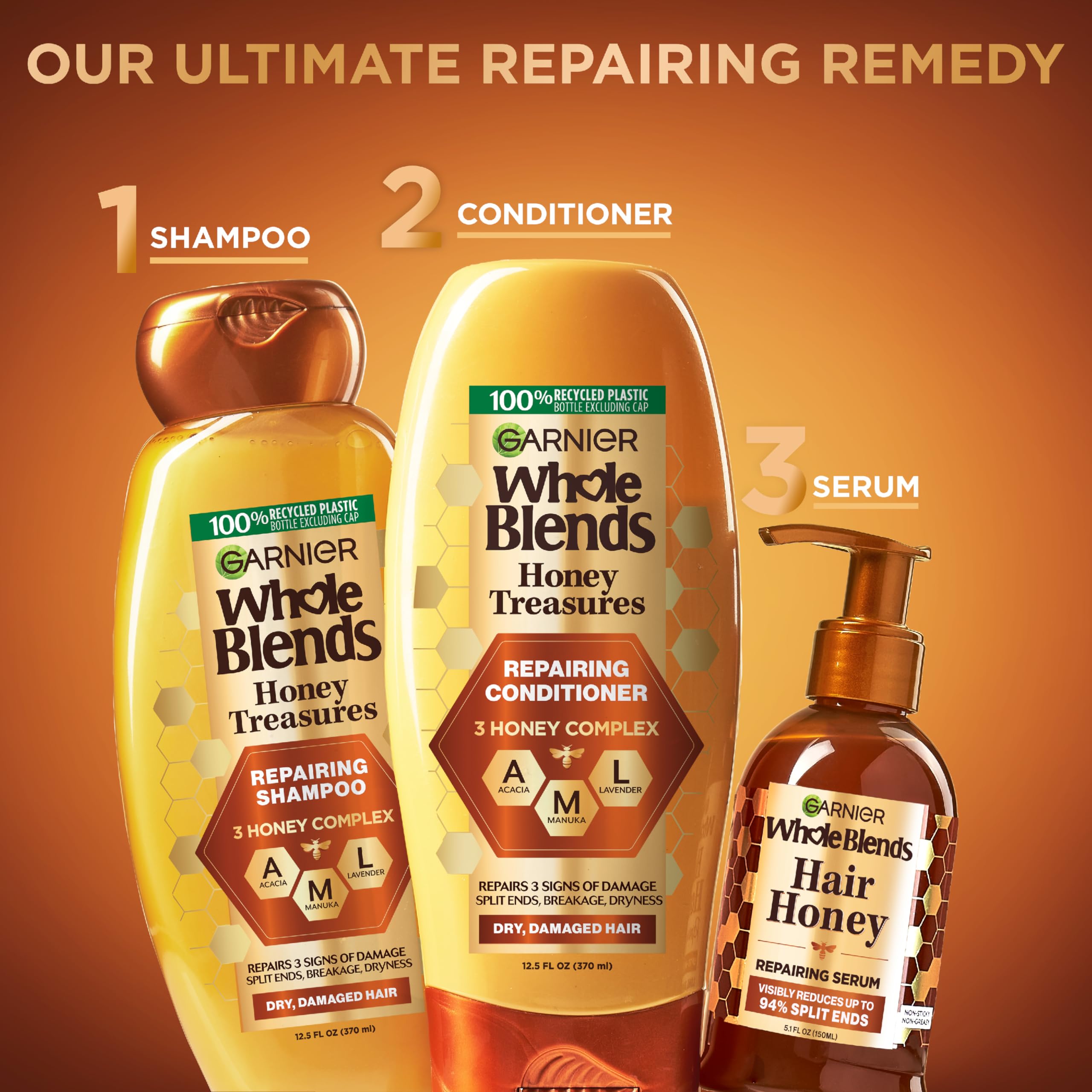 Acondicionador Honey Treasures de Garnier para uso diario y cabello suave.