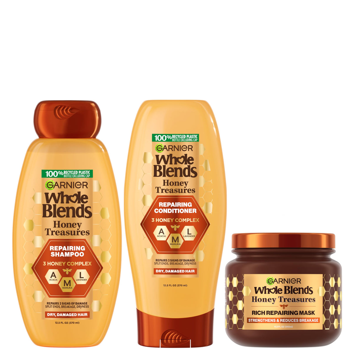 Garnier Honey Treasures shampoo bottle nourishes dry hair gently