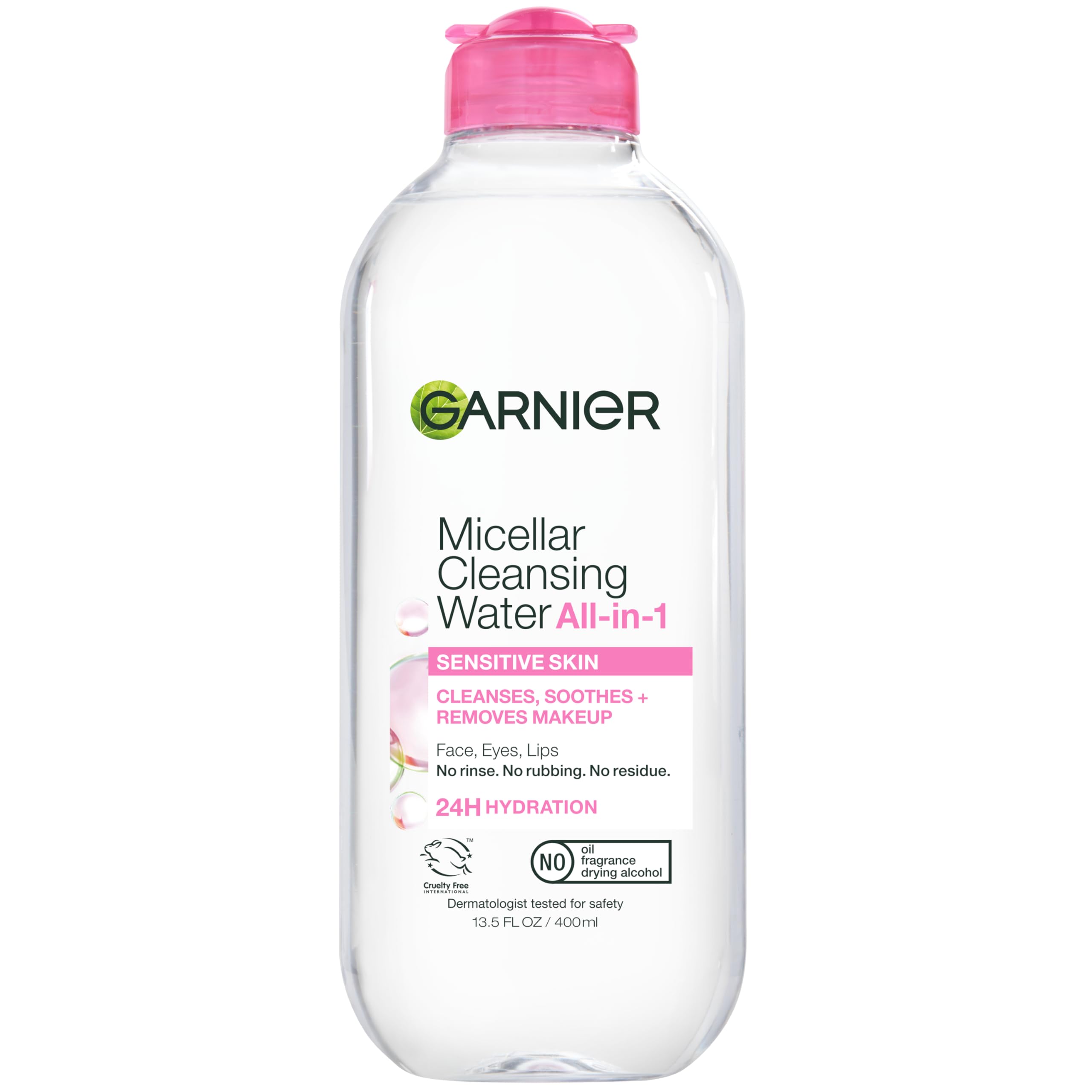 Garnier Micellar Water bottle close-up highlighting the hydrating formula for sensitive skin.