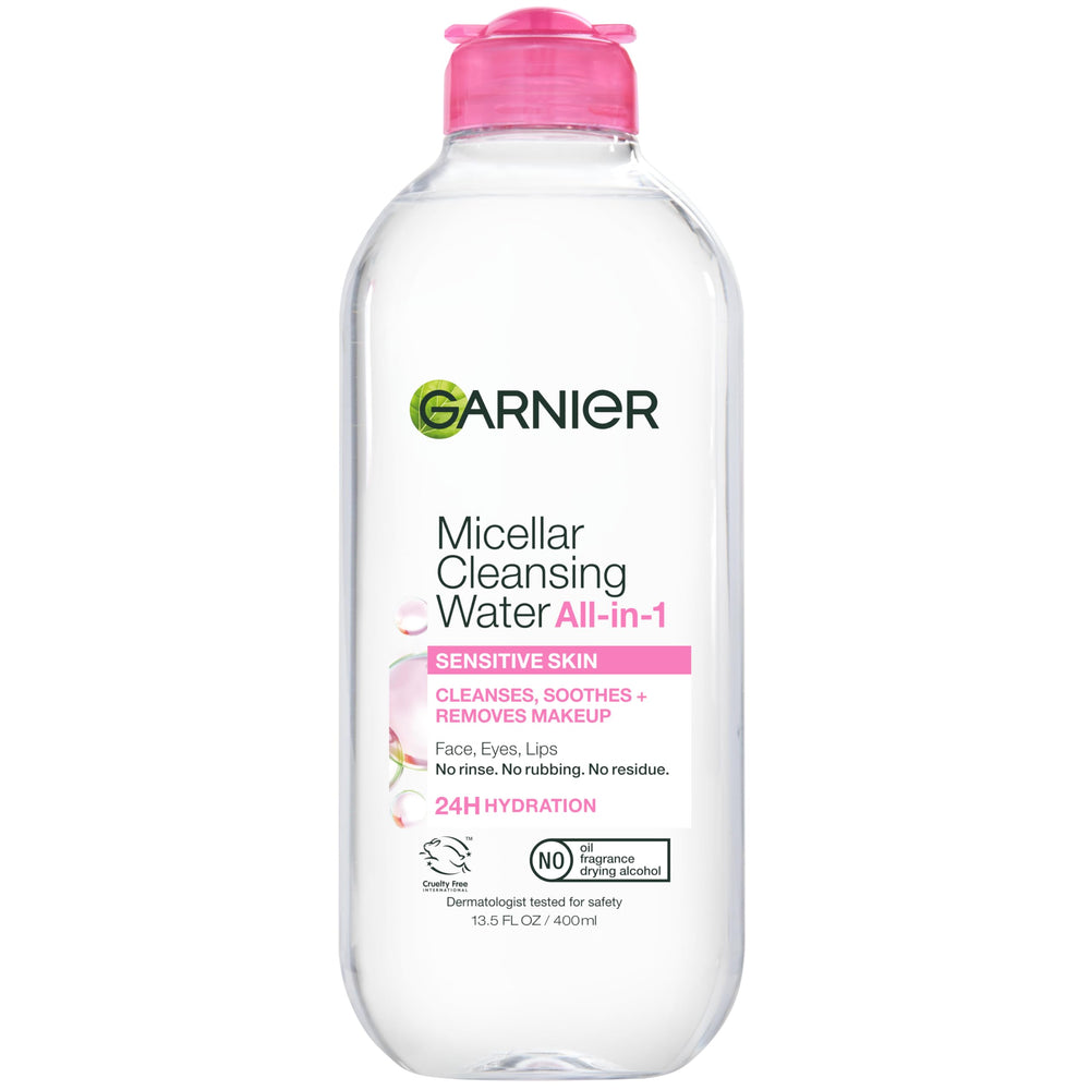 Garnier Micellar Water bottle close-up highlighting the hydrating formula for sensitive skin.