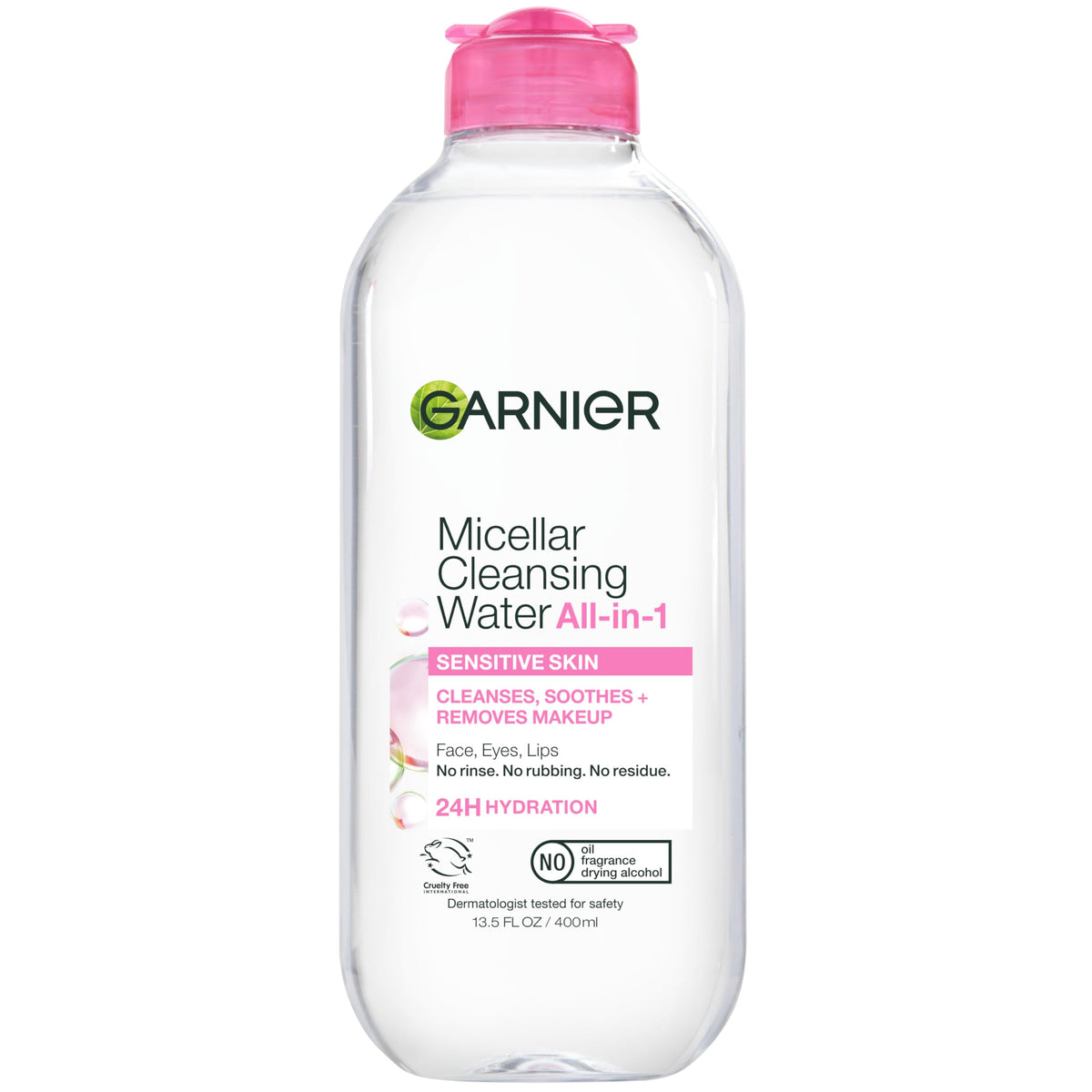 Garnier Micellar Water bottle close-up highlighting the hydrating formula for sensitive skin.