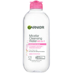 Garnier Micellar Water bottle close-up highlighting the hydrating formula for sensitive skin.