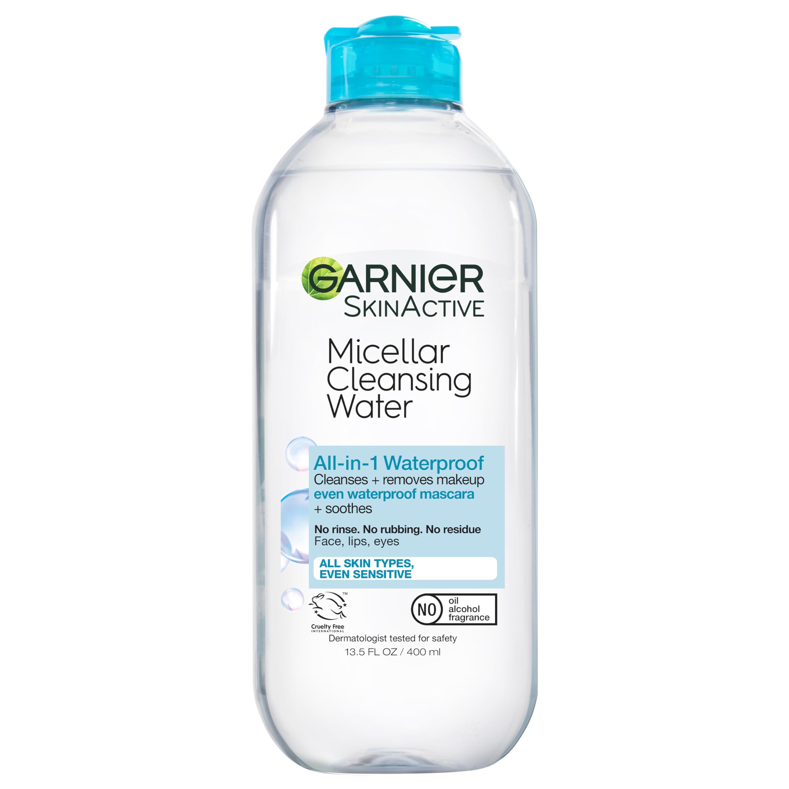 Garnier Micellar Water bottle front, all-in-one cleanser for makeup removal.