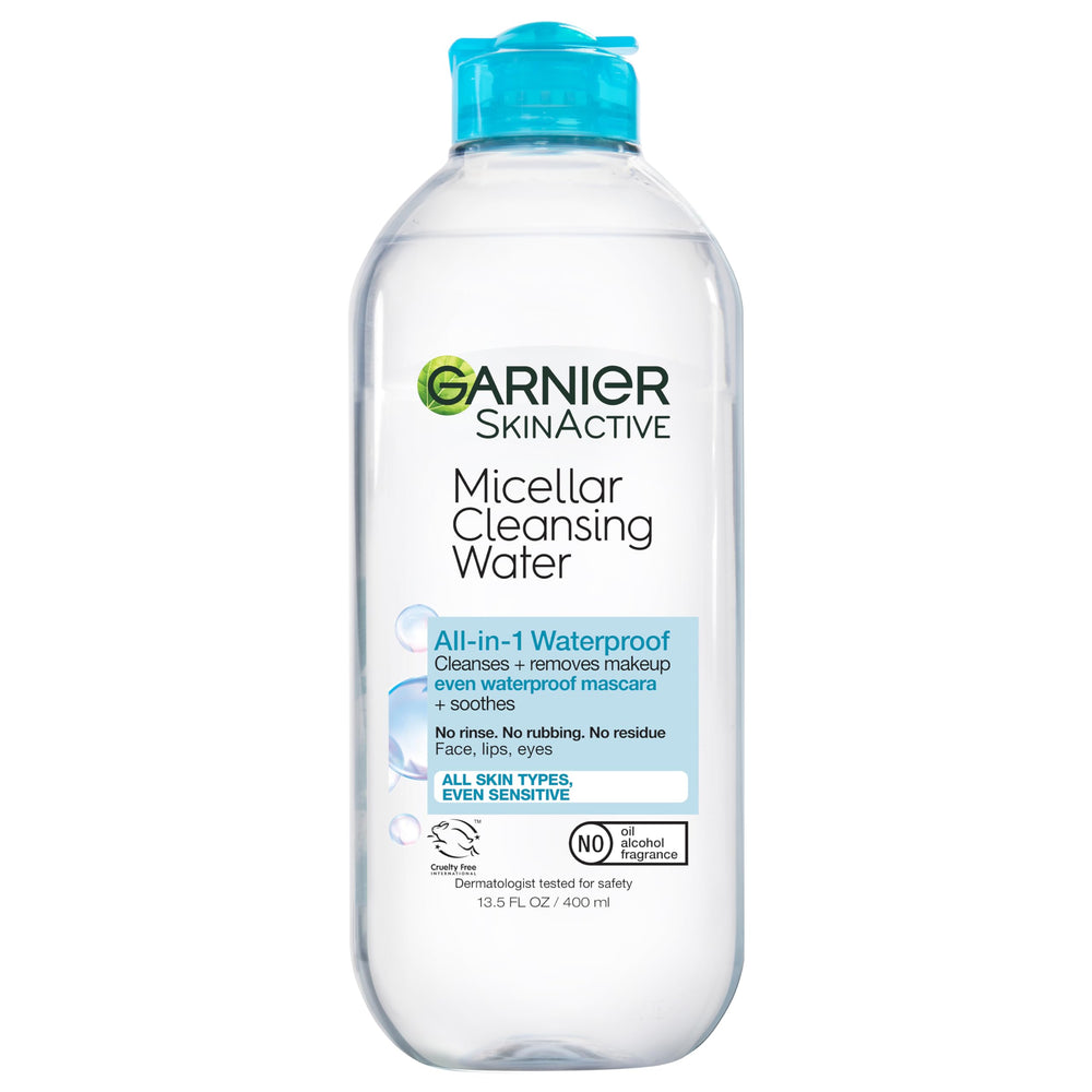 Garnier Micellar Water bottle front, all-in-one cleanser for makeup removal.