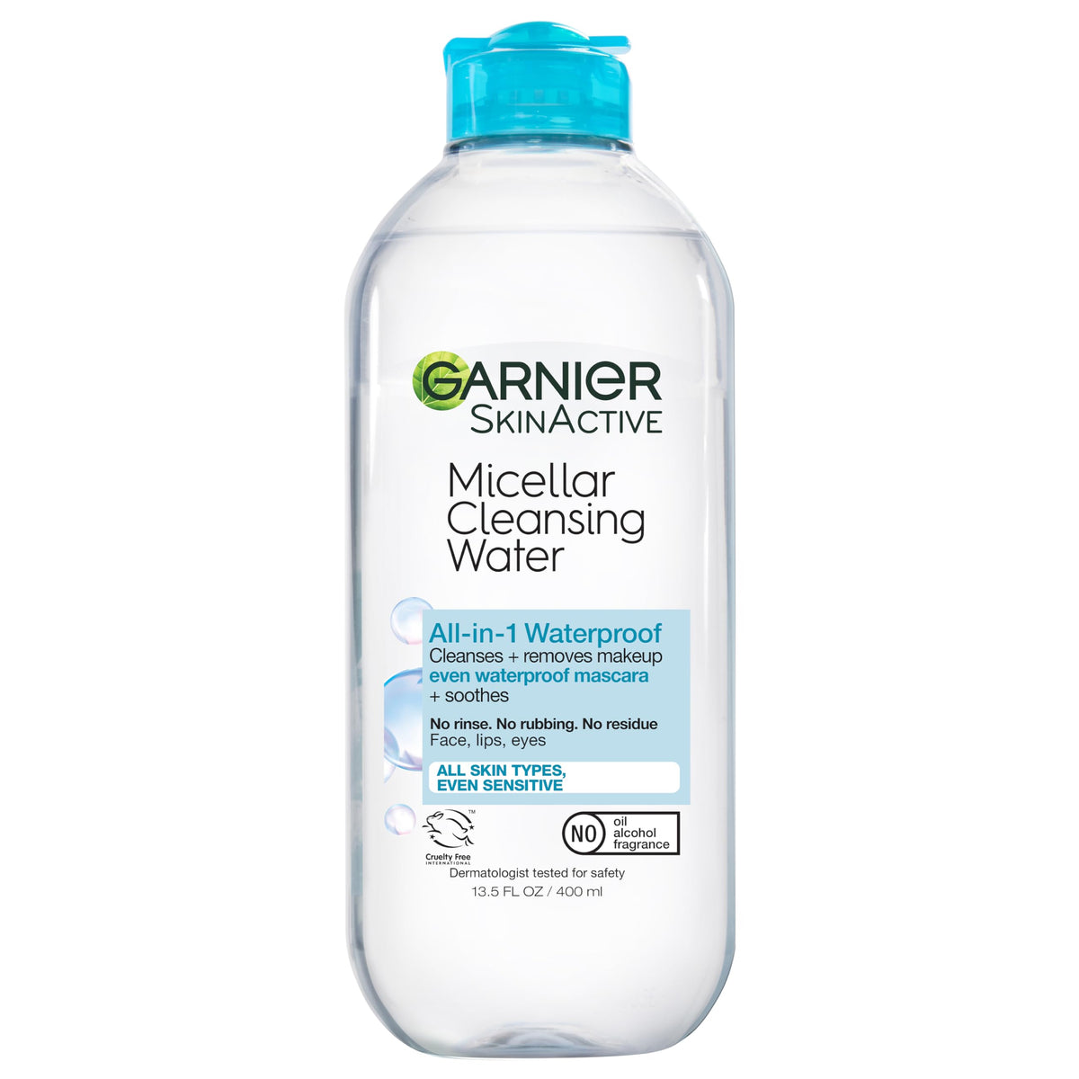 Garnier Micellar Water bottle front, all-in-one cleanser for makeup removal.