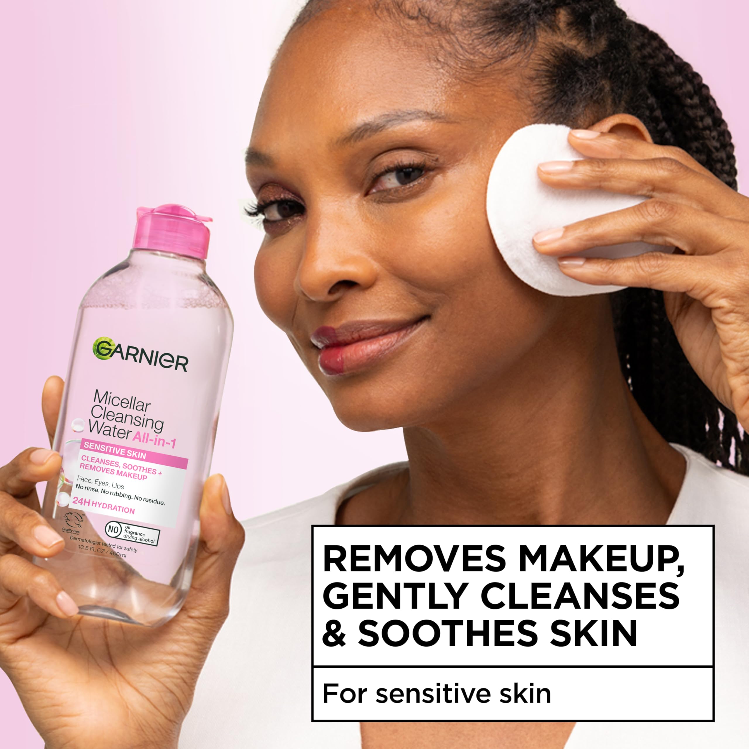 Garnier Micellar Water face cleanse demonstrates a clean, fresh complexion.
