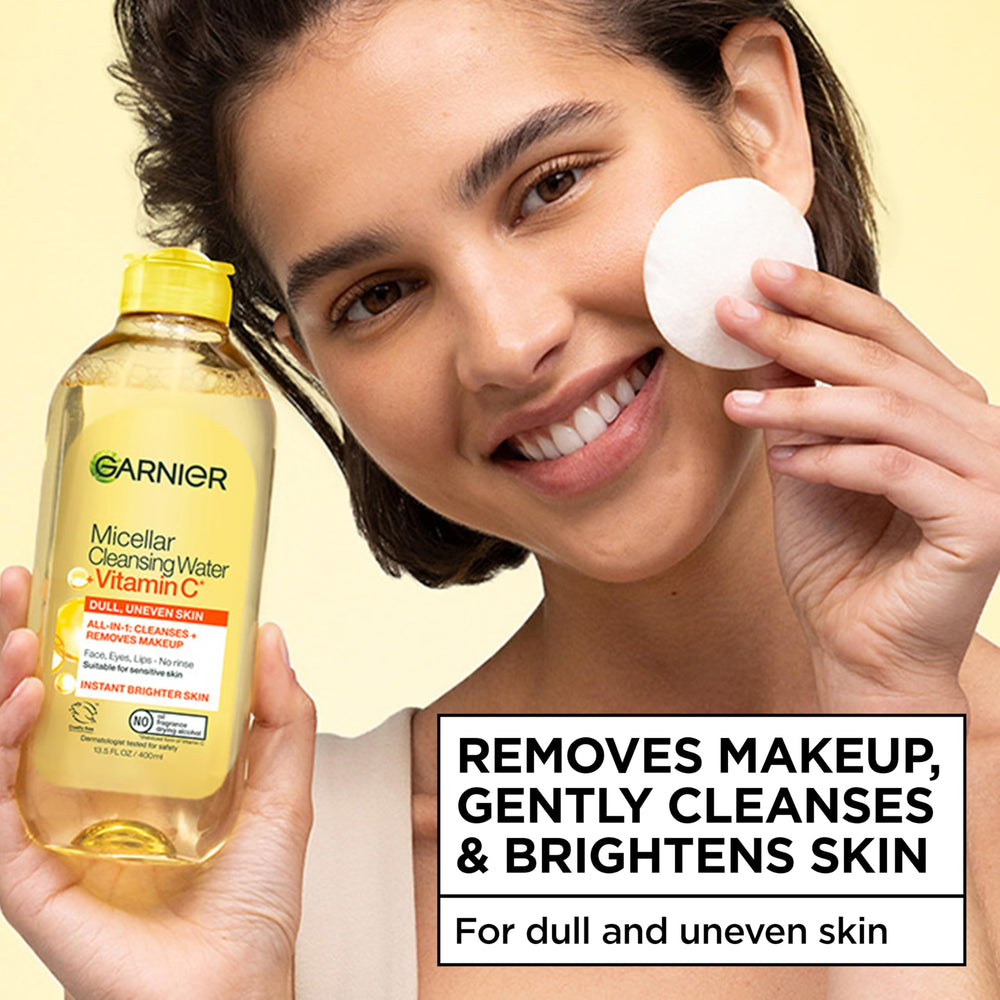 Garnier Micellar Water Vitamin C vegan label visible on bottle