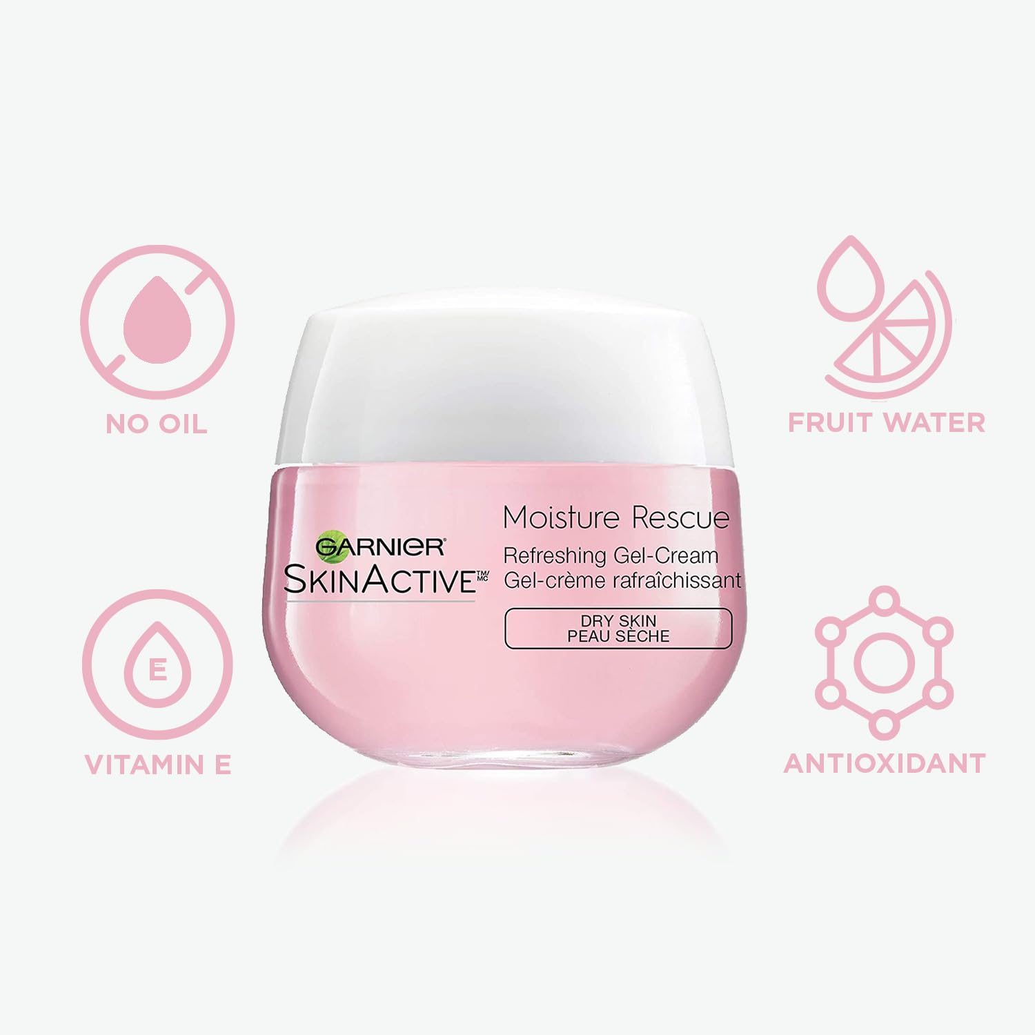 Garnier Moisture Rescue bottle close-up highlights lightweight, non-greasy feel for dry skin