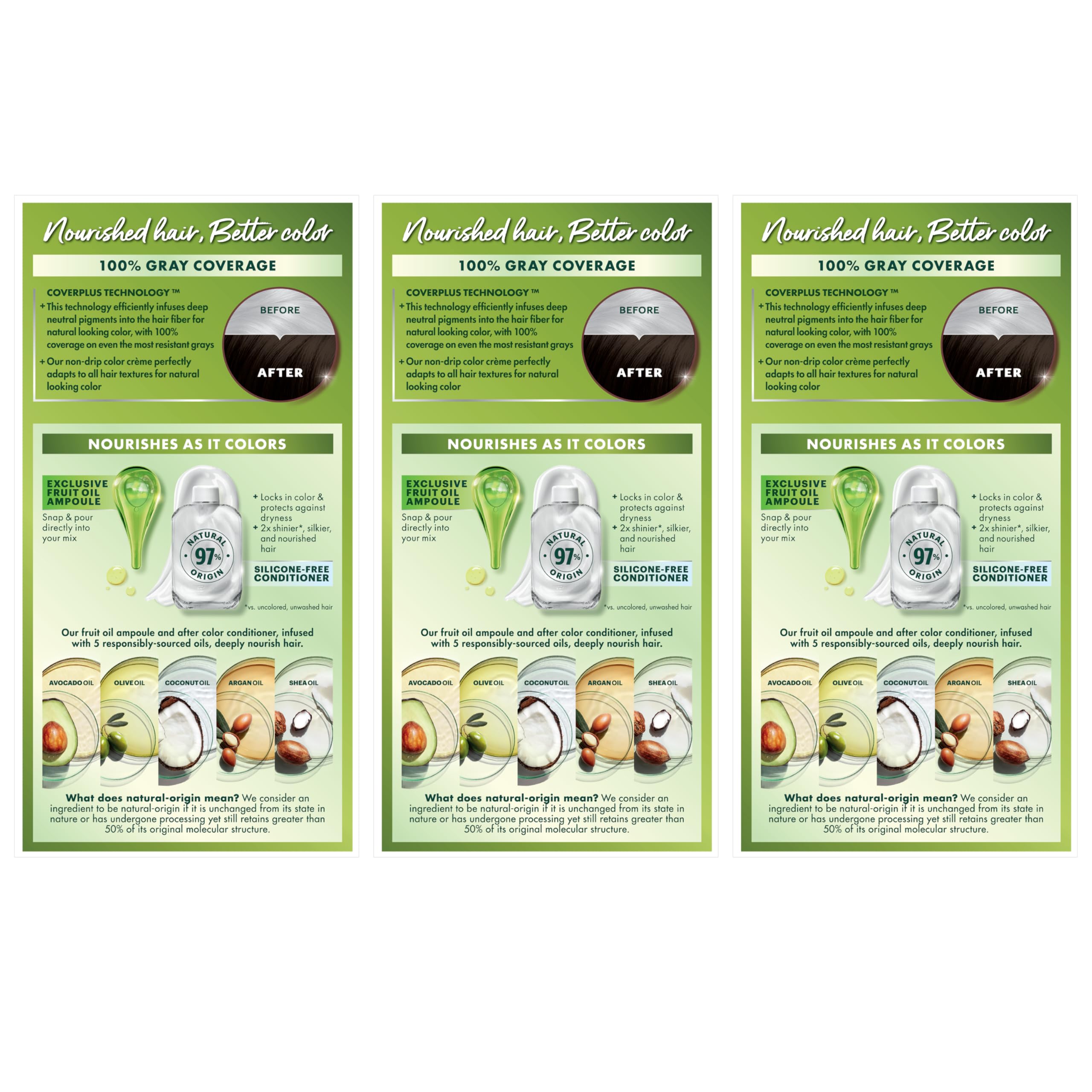 Garnier Nutrisse model shows before and after deep dark brown color.