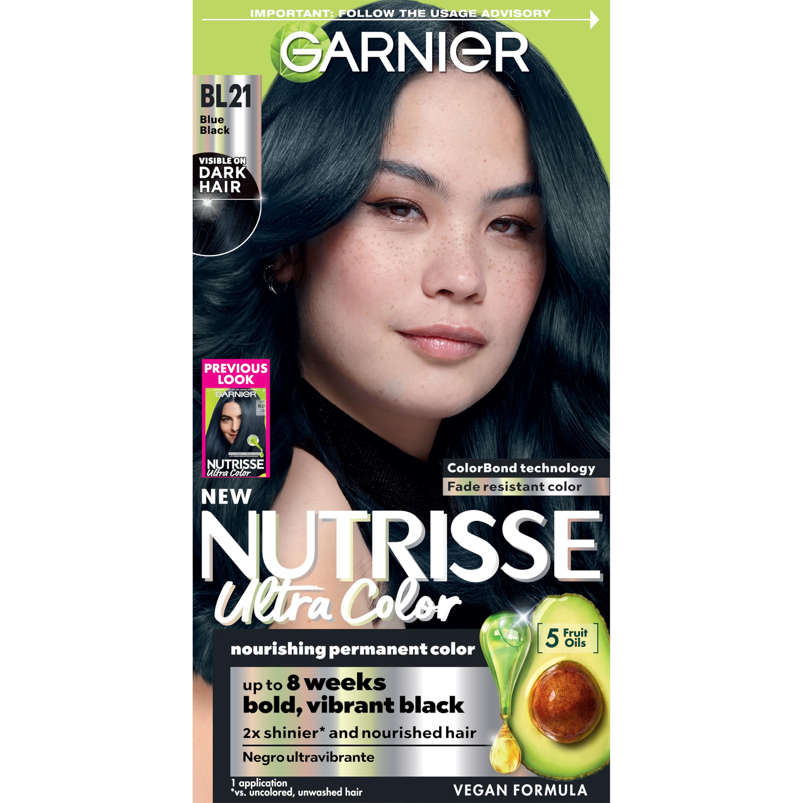 Garnier Nutrisse BL21 Blue Black box front shows bold shade option for dark hair