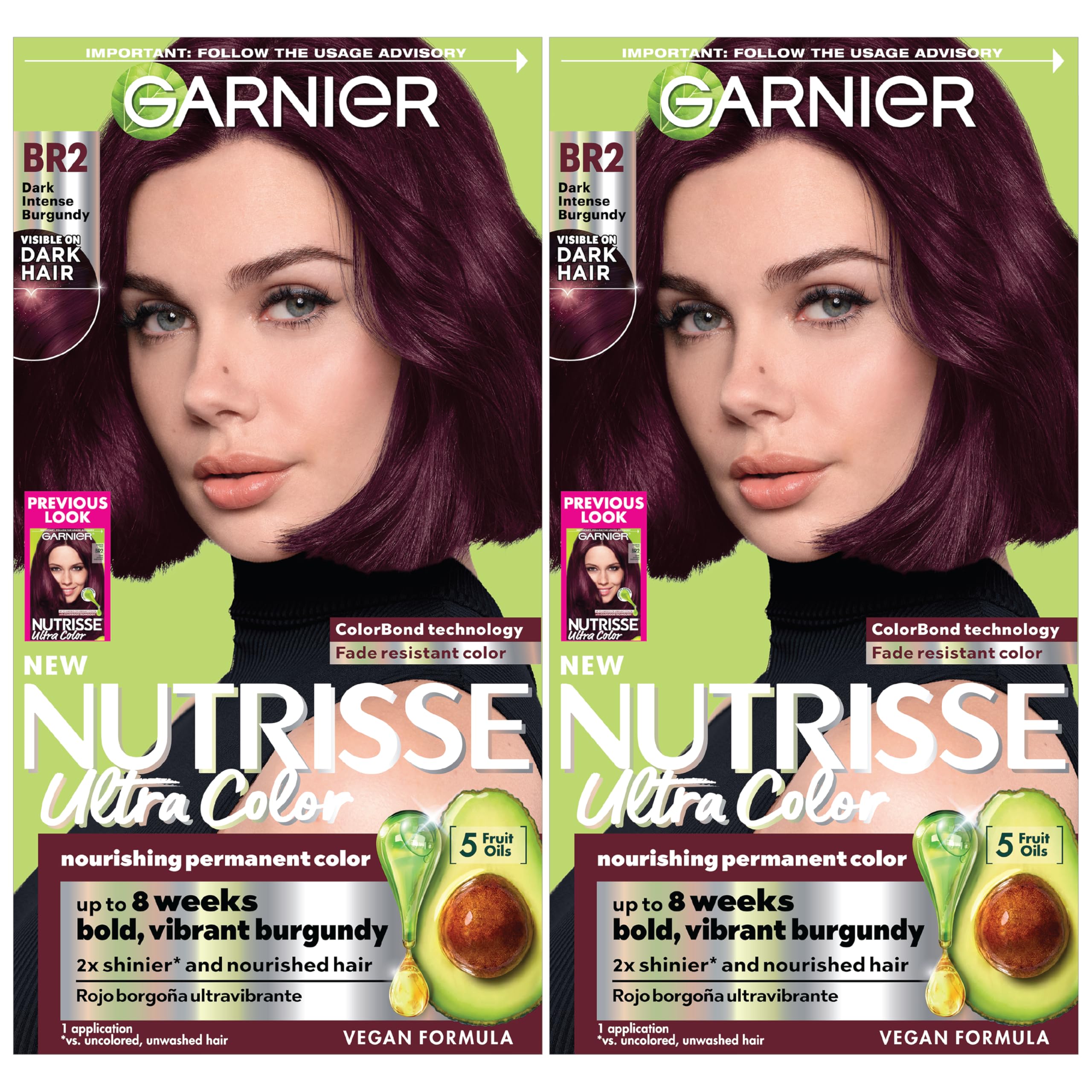 Garnier Nutrisse BR2 Burgundy packaging showing Passion Fruit shade for rich burgundy.