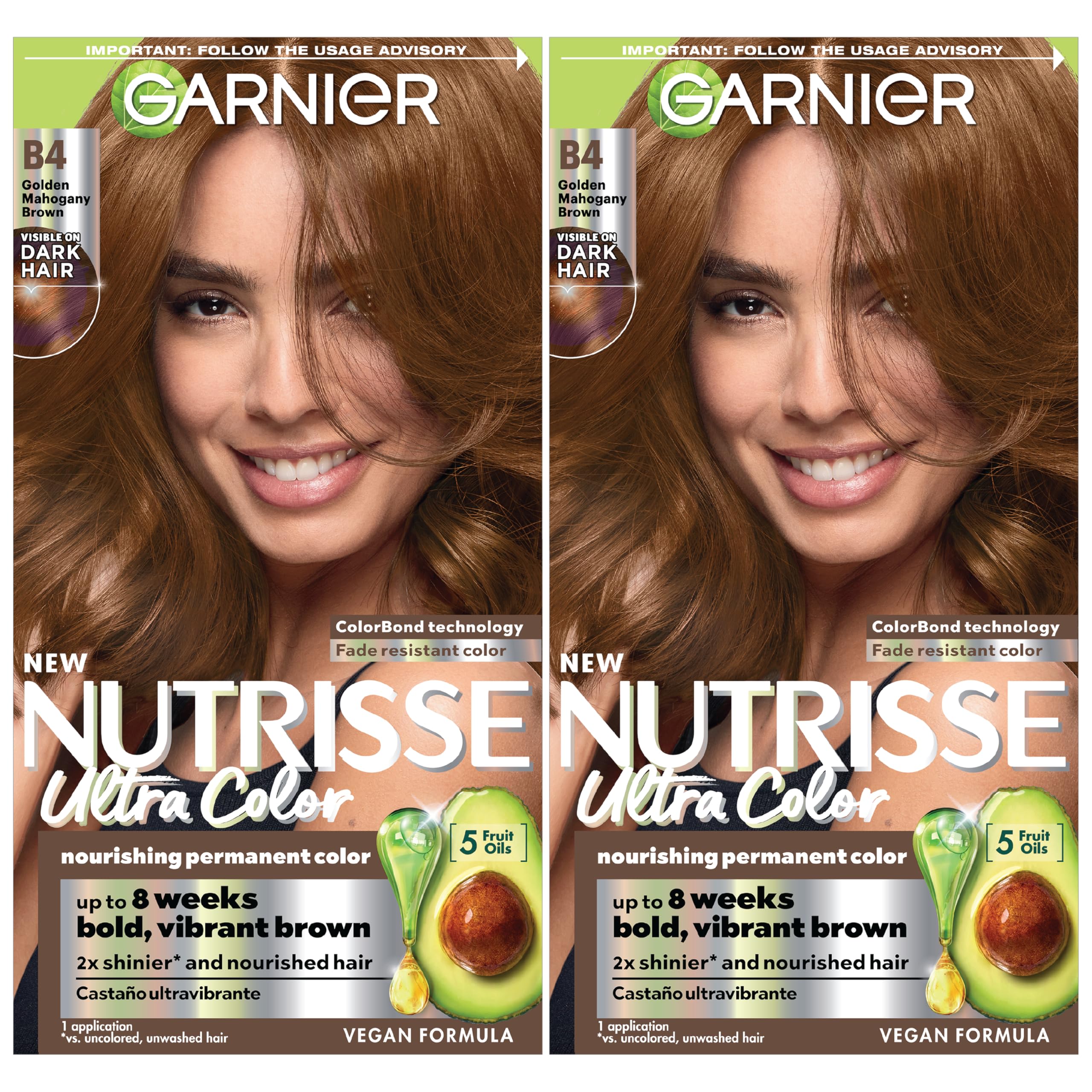 Garnier Nutrisse Ultra Color B4 packaging shows rich caramel mahogany shade
