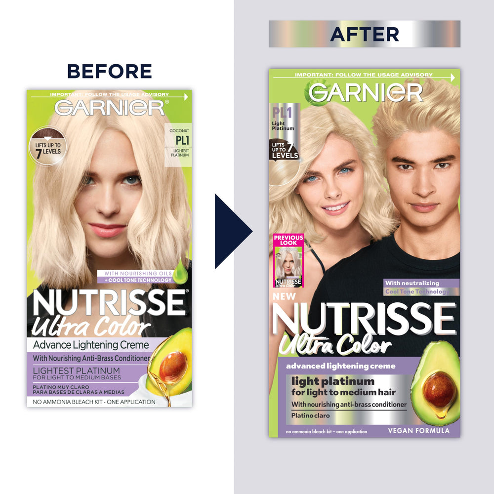 Garnier Nutrisse Ultra Color PL1 kit box highlighting vegan formula and simple color steps.