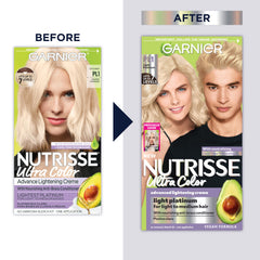Garnier Nutrisse Ultra Color PL1 kit box highlighting vegan formula and simple color steps.