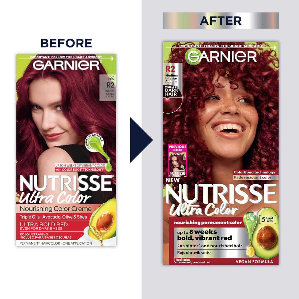 Garnier Nutrisse packaging closeup highlighting nourishing formula and ampoule