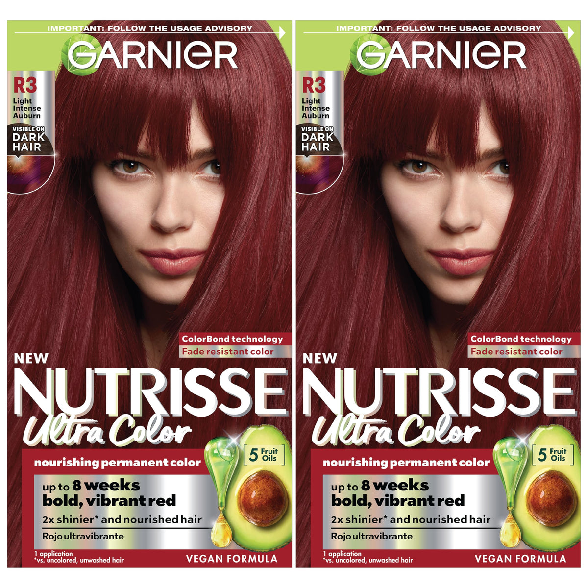 Garnier Nutrisse Ultra Color R3 bottle displaying warm light intense auburn shade for lasting color.
