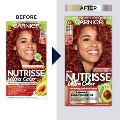 Garnier Nutrisse RC1 dye bottle showing color-boost system for vibrant, long-lasting results.