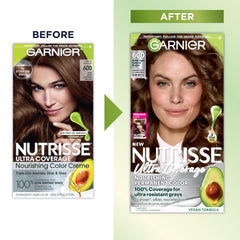 Garnier Nutrisse Ultra Coverage bottle shows smooth texture for drip-free coloring.