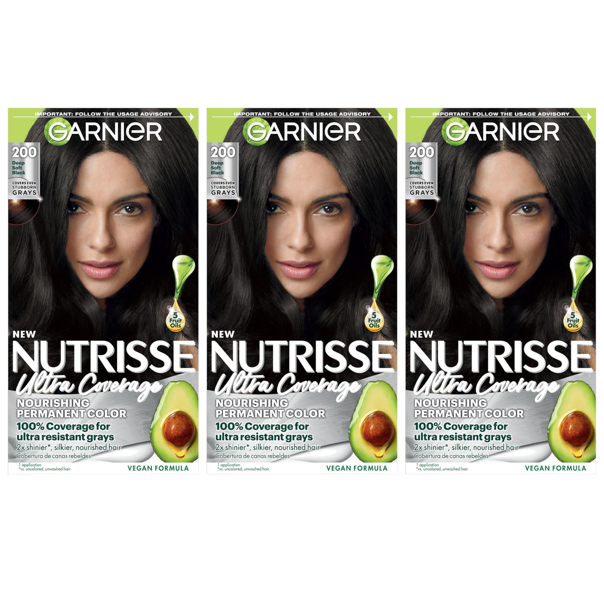 Garnier Nutrisse Ultra Coverage Deep Soft Black packaging shows rich color promise