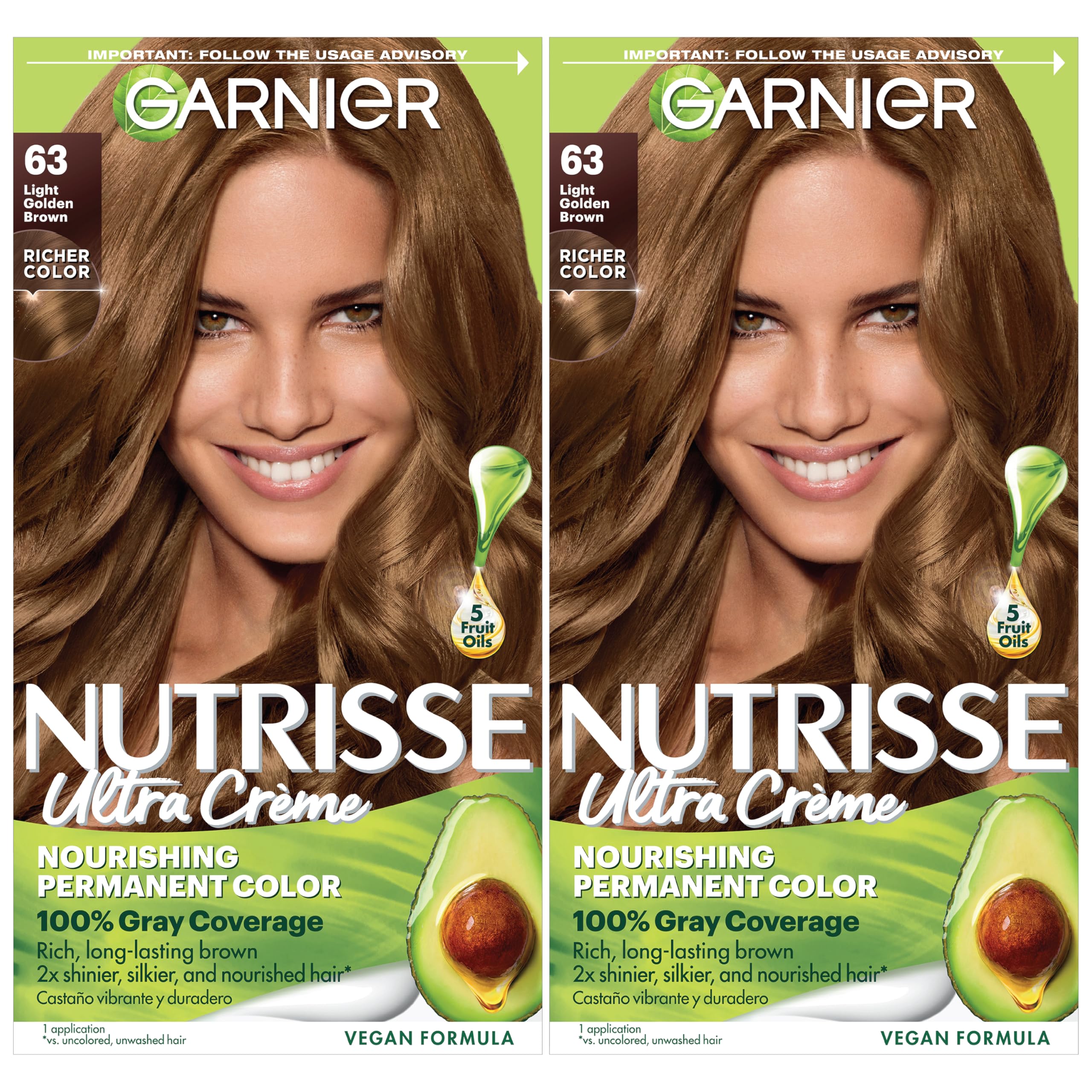 Garnier Nutrisse Ultra Creme 63 Light Golden Brown box for lasting home color.