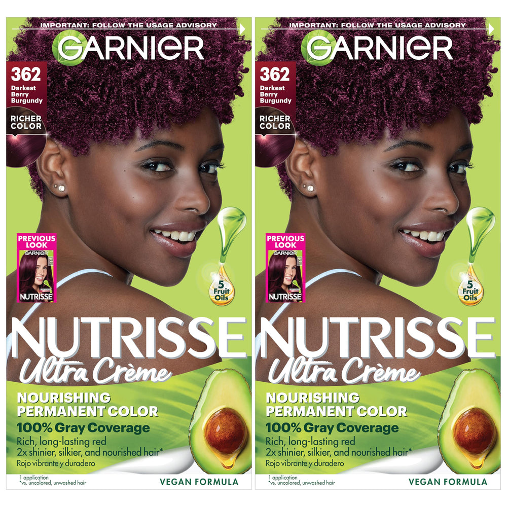 Garnier Nutrisse Ultra Creme box shows Darkest Berry Burgundy shade for at-home color