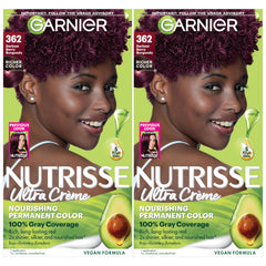 Garnier Nutrisse Ultra Creme box shows Darkest Berry Burgundy shade for at-home color