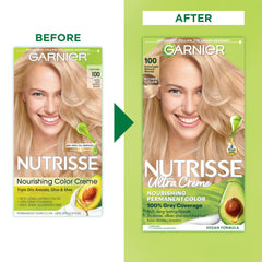 Garnier Nutrisse Ultra Creme developer tube for even gray coverage.