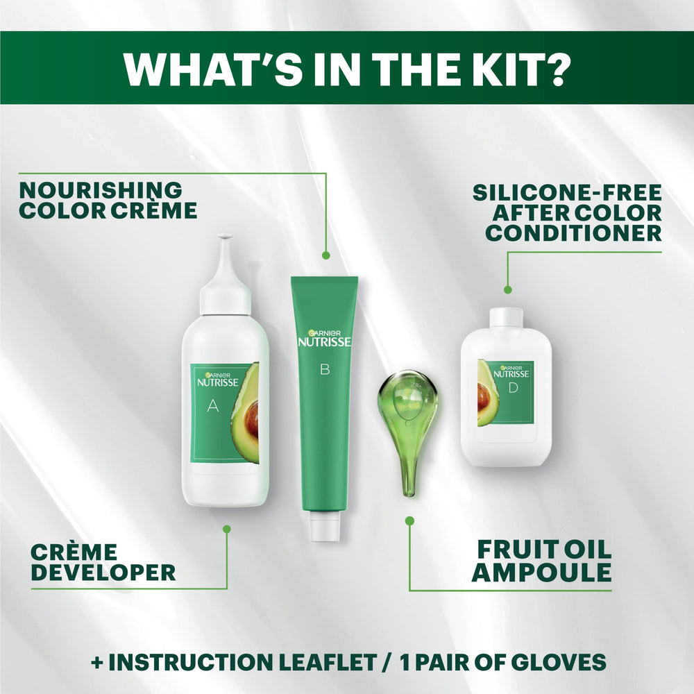 Garnier Nutrisse Ultra Creme packaging box shows vegan, cruelty-free shade options.