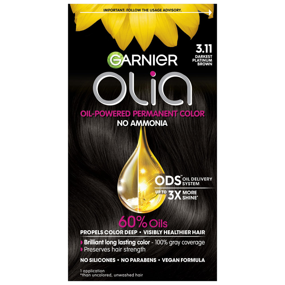Garnier Olia 3.11 darkest platinum brown color result with cool reflections.