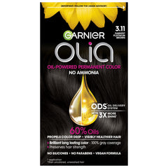 Garnier Olia 3.11 darkest platinum brown color result with cool reflections.