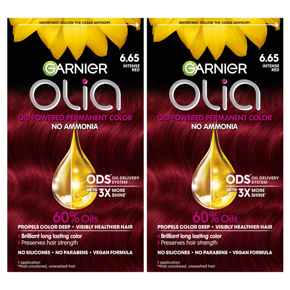 Garnier Olia 6.65 Intense Red bottle and colorant mix for bold, long-lasting shade