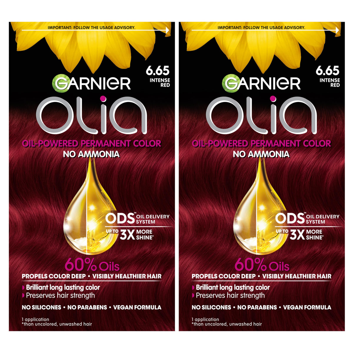 Garnier Olia 6.65 Intense Red bottle and colorant mix for bold, long-lasting shade