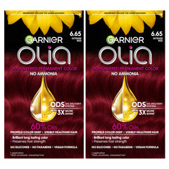 Garnier Olia 6.65 Intense Red bottle and colorant mix for bold, long-lasting shade