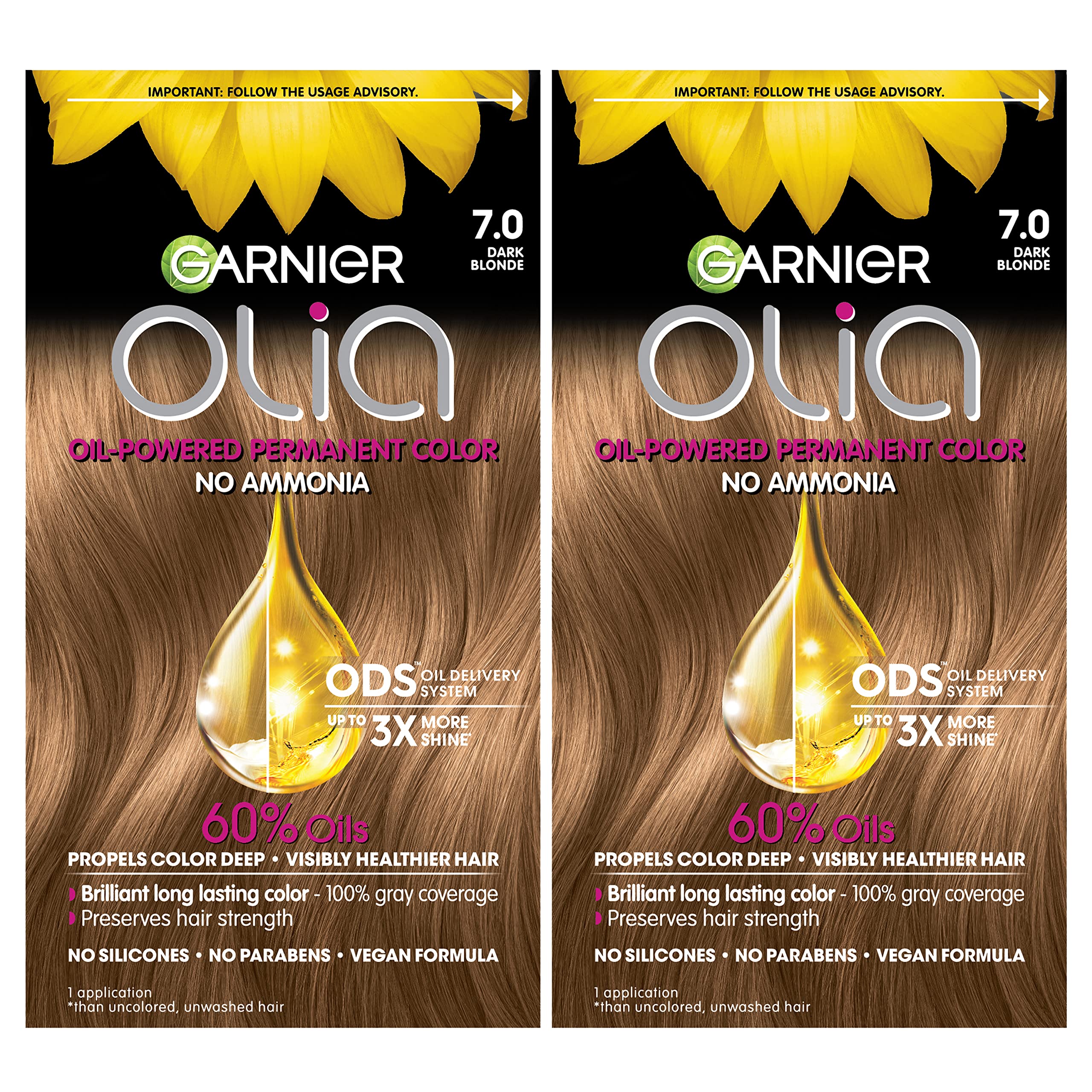 Garnier Olia 7.0 packaging shows the complete at-home dye kit for convenience.