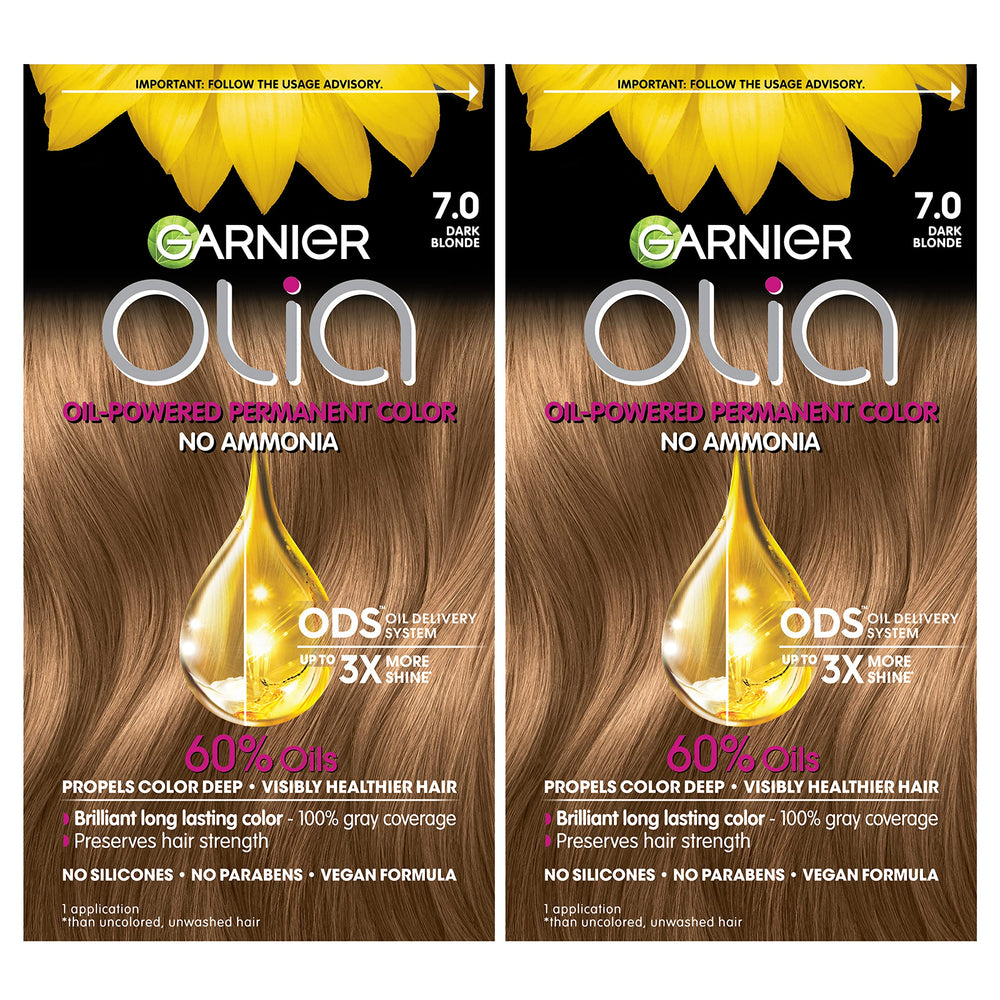 Garnier Olia 7.0 packaging shows the complete at-home dye kit for convenience.