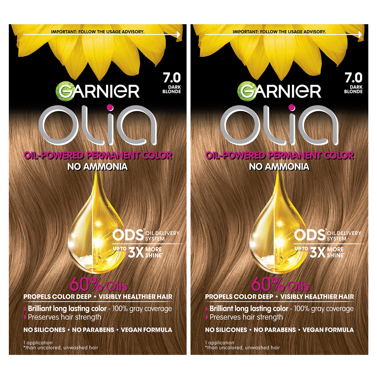 Garnier Olia 7.0 packaging shows the complete at-home dye kit for convenience.