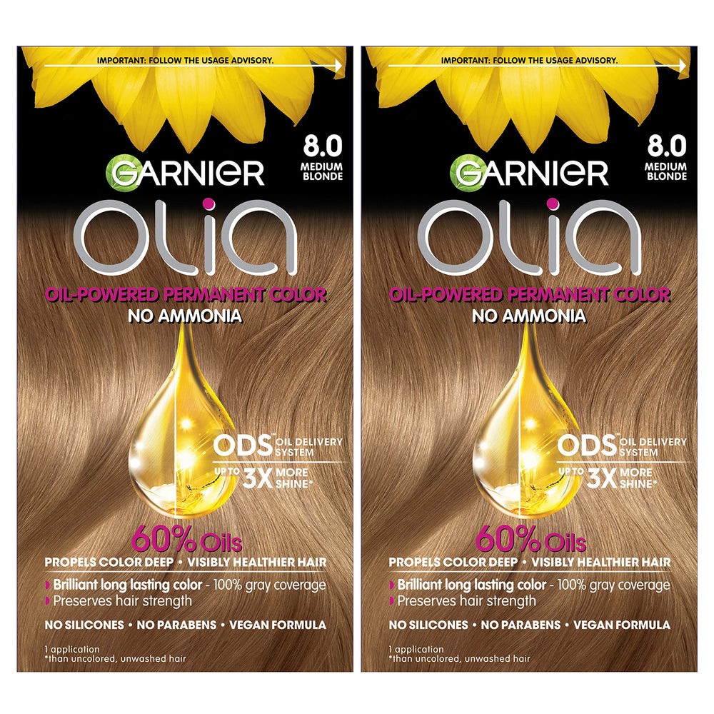 Garnier Olia 8.0 Medium Blonde box with vibrant color packaging.