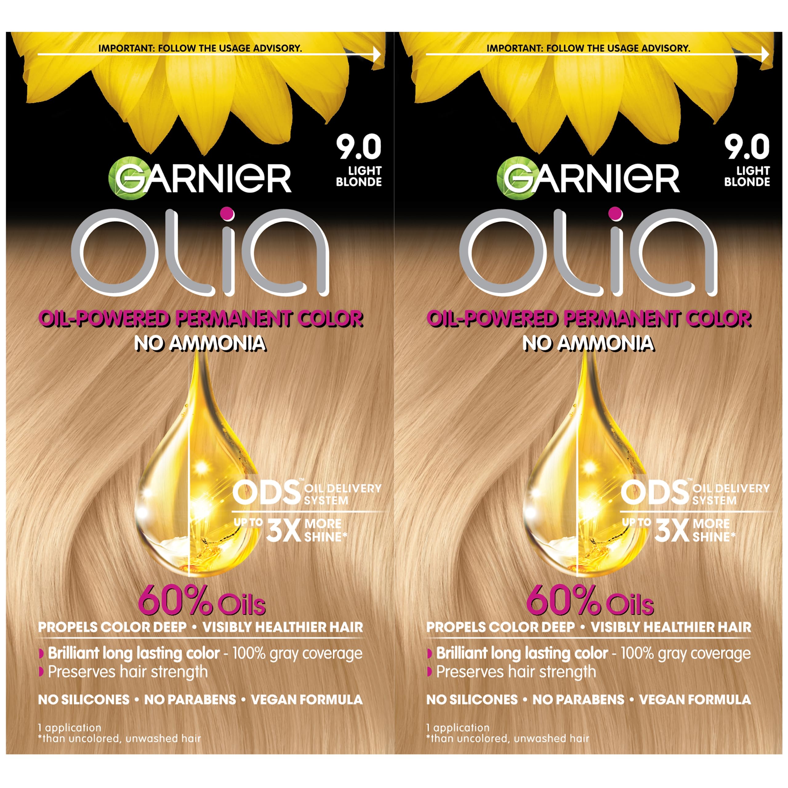 Garnier Olia 9.0 Light Blonde packaging shows ammonia-free, oil-rich color.