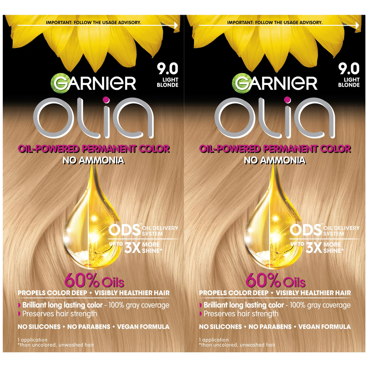 Garnier Olia 9.0 Light Blonde packaging shows ammonia-free, oil-rich color.