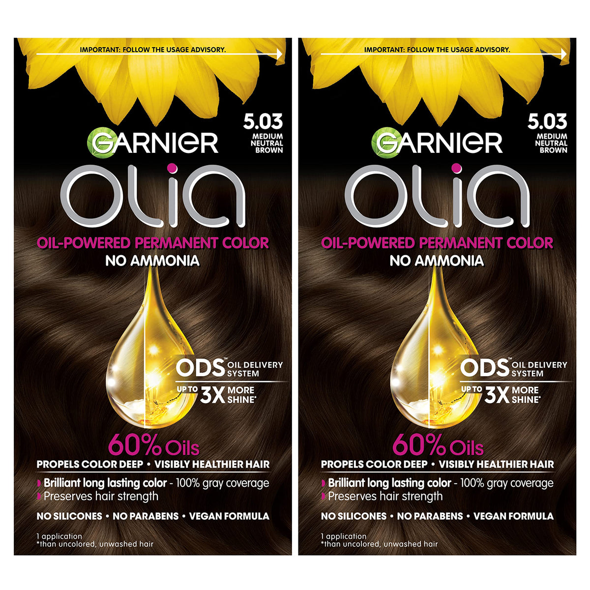 Garnier Olia developer bottle shows 60% oil blend for rich, long-lasting color.