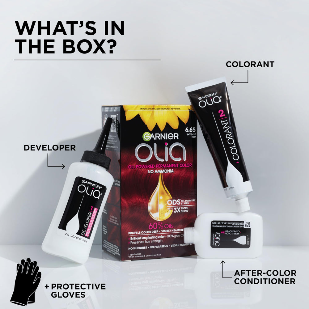 Garnier Olia hair appears hydrated, silky, and up to 3x shinier after color.