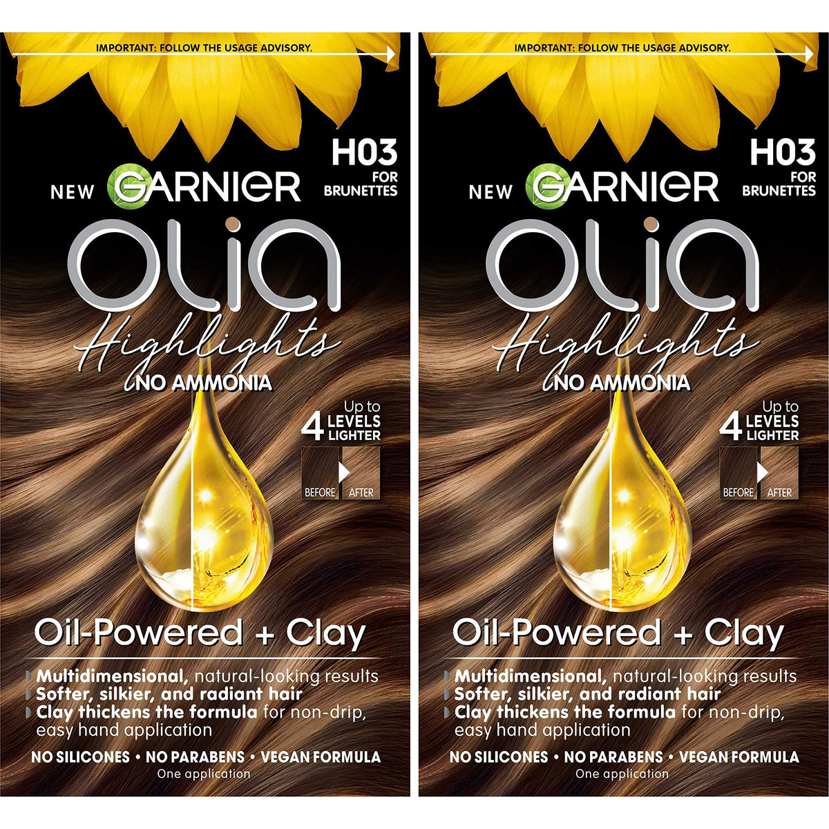Garnier Olia H03 bottle for precise, non-drip lightening on brunette hair.