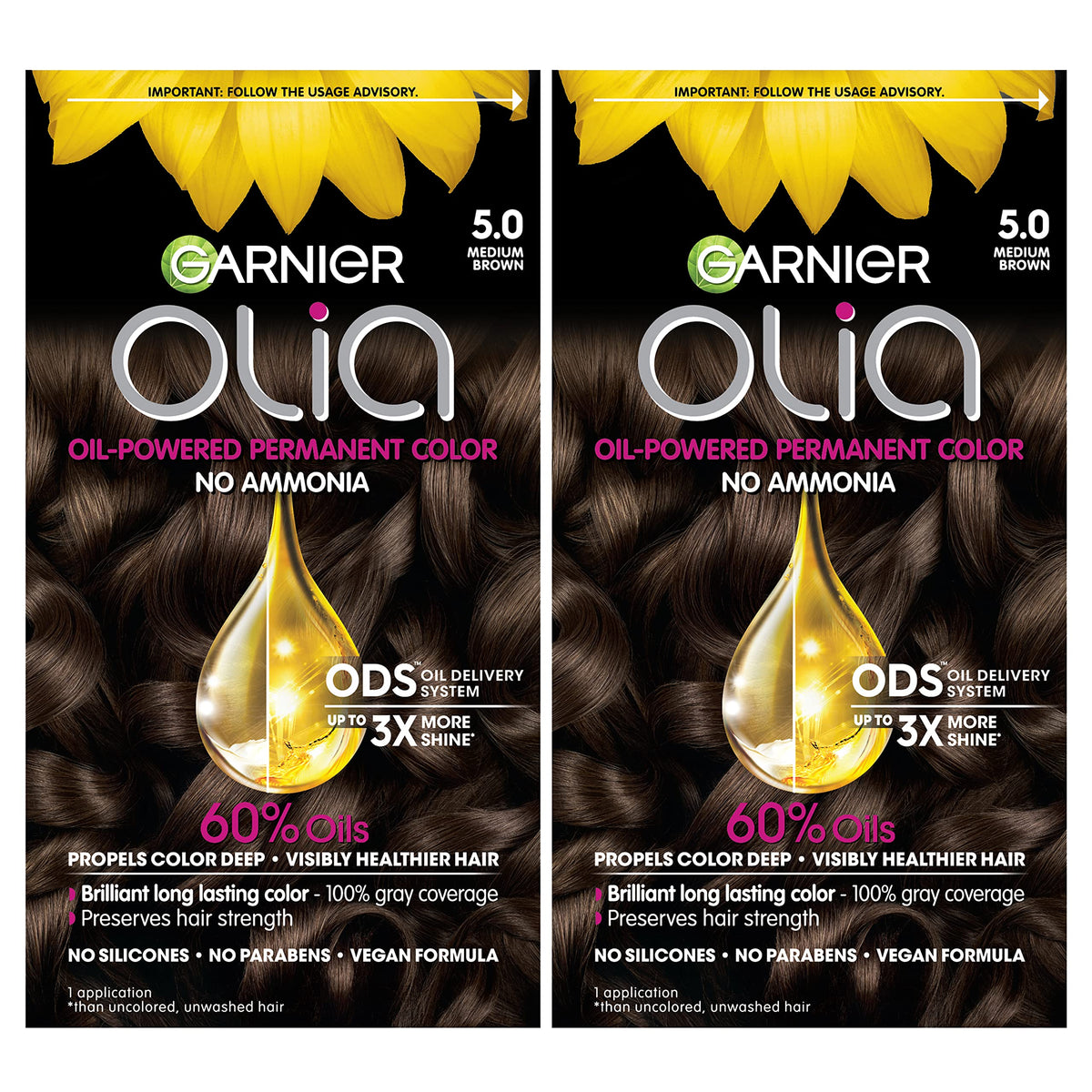 Garnier Olia colorant tube with oil-powered formula for vivid, long-lasting color.