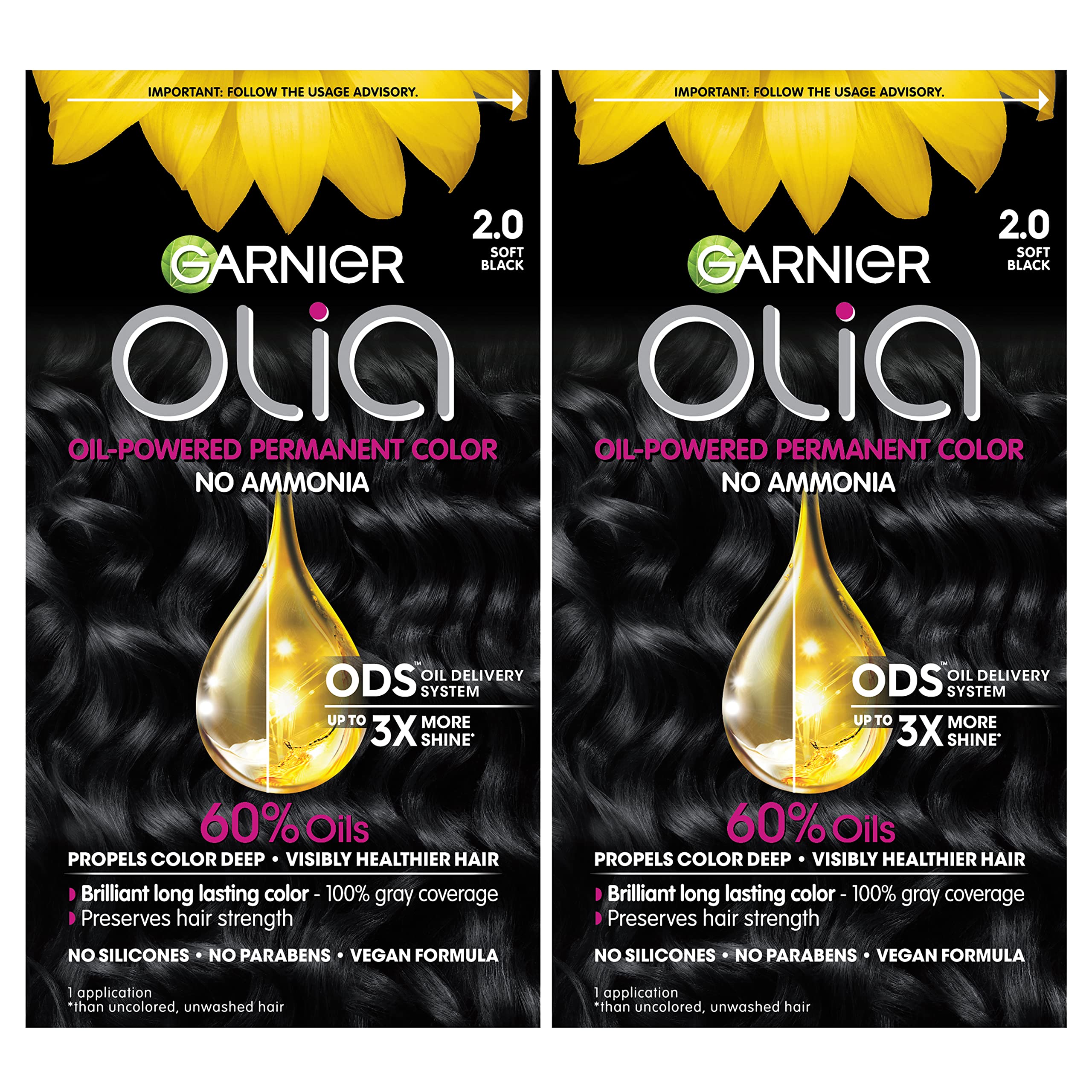 Garnier Olia soft black color application demonstrates ammonia-free formula for smooth coverage.