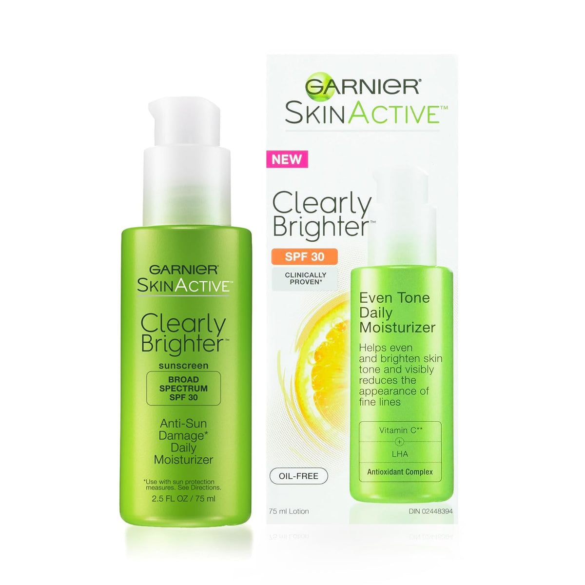 Garnier SkinActive Clearly Brighter SPF 30, bote, hidratación rápida y ligera.