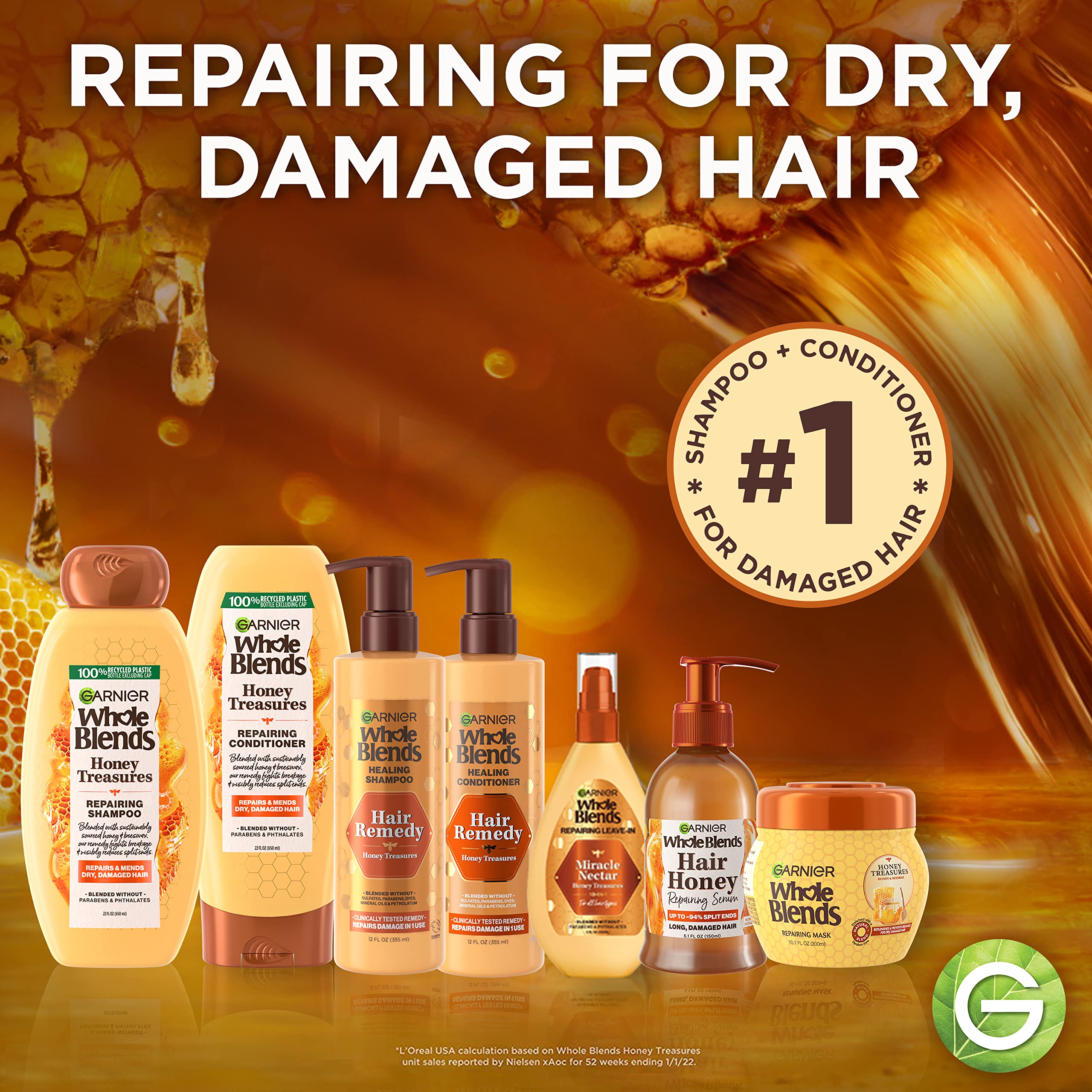 Garnier Whole Blends cabello sedoso, reduce frizz y facilita el peinado.
